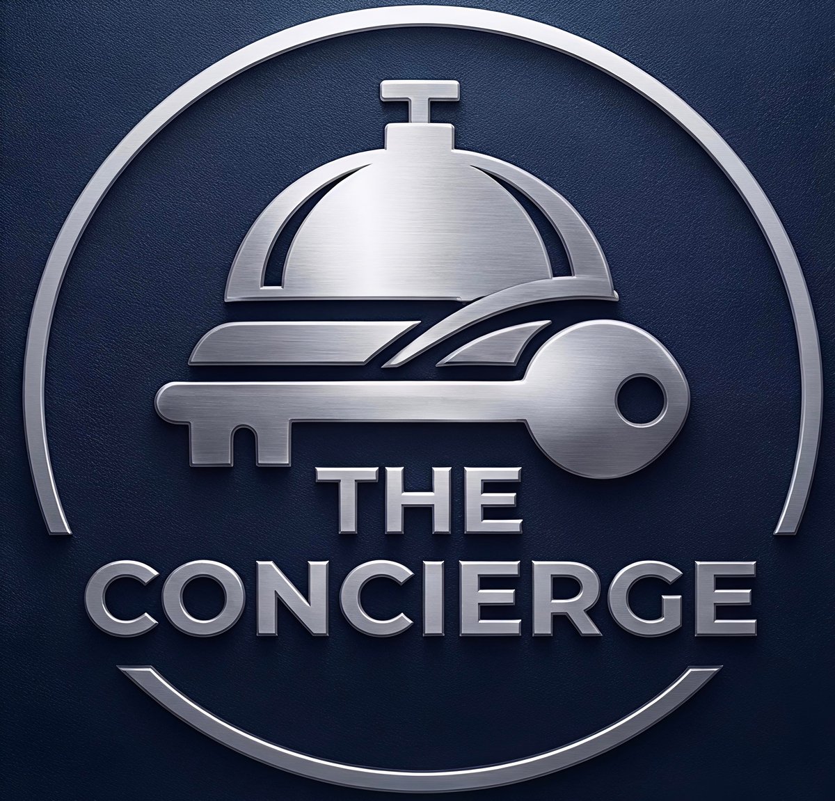 The Concierge logo featuring a silver service bell and key on a dark blue circular background